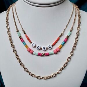 Multi Layered LOVE Rave Candy Style Beaded Necklace Colorful Gold Tone Chain 24"